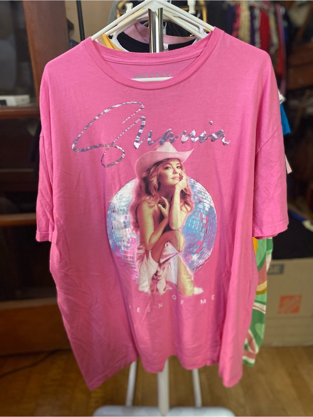 Shania Twain - Disco Ball- Pink Short Sleeve Graphic Tee with Silver Script